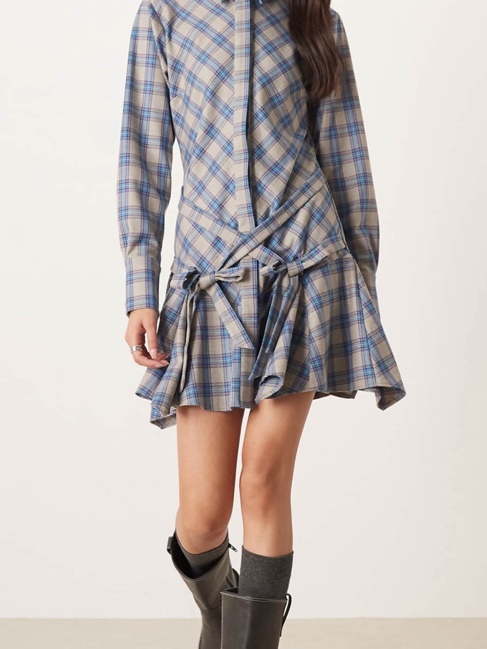 ASOS Plaid Mini Dress in Beige and Blue - Picture 3 of 3